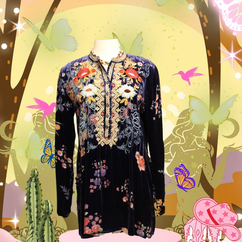 Johnny Was Bouquet Burnout Nephele Tunic Black Embroidered Floral Top Shirt